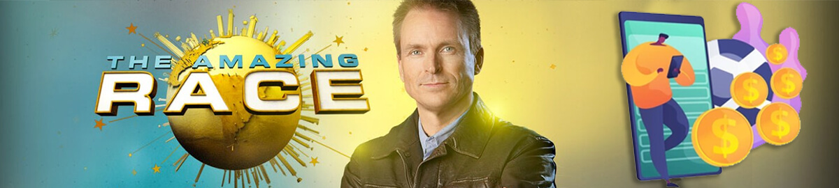 The Amazing Race Banner - Cartoon of a Man Holding a Mobile Device and Coins
