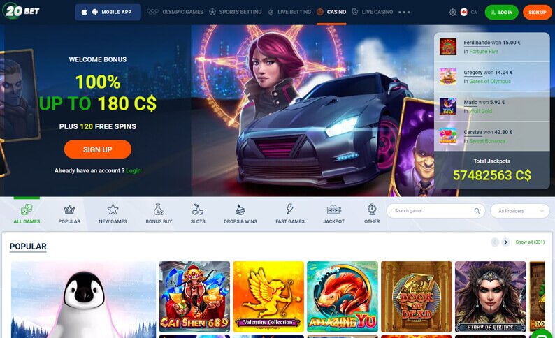 20Bet Casino Hub Screenshot