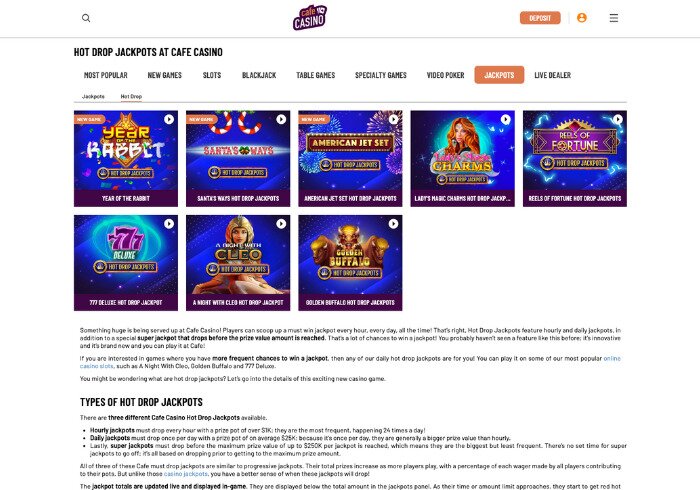 Screenshot of Café Casino's Hot Drop Jackpots