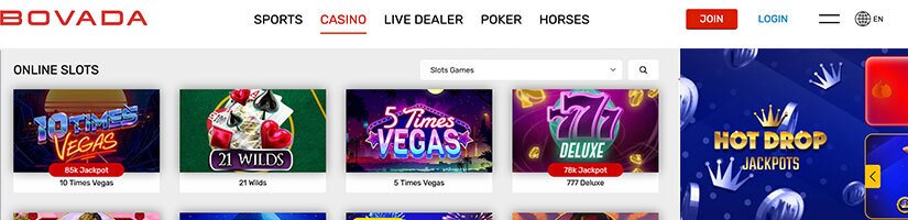 Screenshot of Bovada showcasing various casino games
