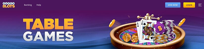 An image of the Super Slots website highlighting their table game banner