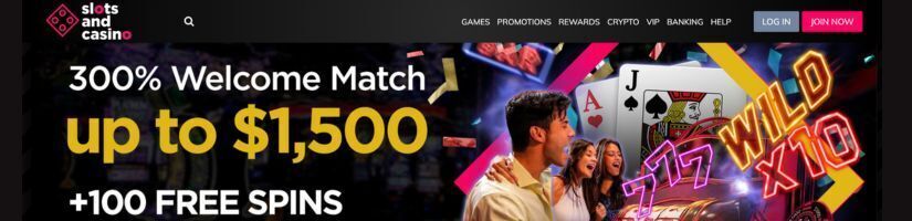 Screenshot of SlotsandCasino displaying their welcome bonus