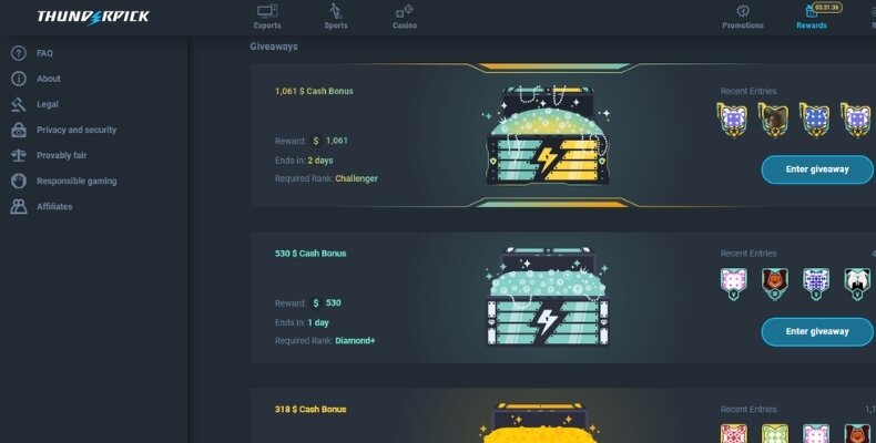 Thunderpick bonuses interface