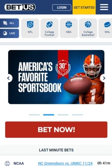 Visual depicting the BetUS mobile app interface.