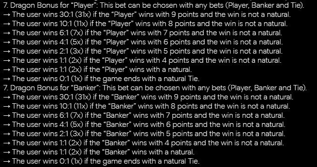 A payout table detailing the returns of a Dragon Bonus in baccarat for varying bets on both sides.