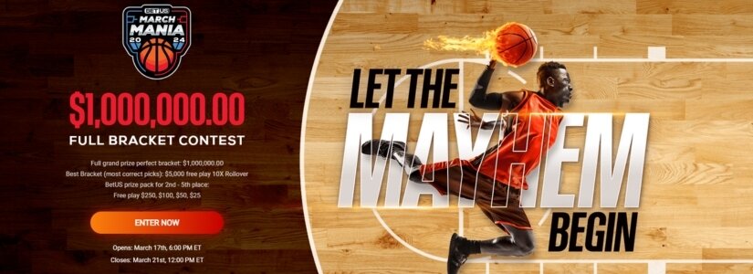 Promotions for the NCAA Bracket Challenge on BetUS during March Madness.
