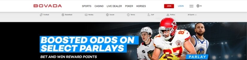 Captura de pantalla del sitio web de Bovada mostrando promociones para apuestas parlay.