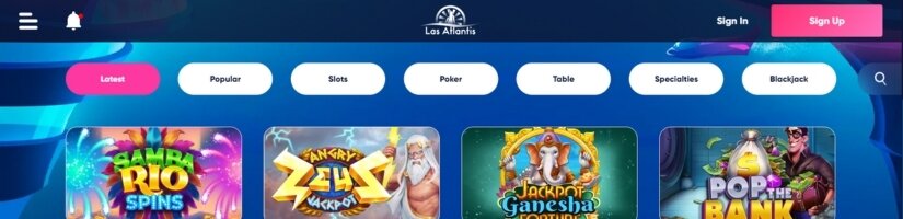 Las Atlantis Casino banner featuring a snapshot of its game selection.