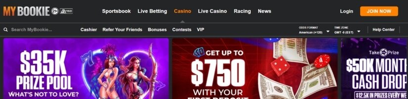 Image of the MyBookie website showcasing its casino interface.