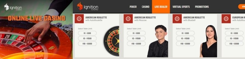 Image of Ignition Casino's live dealer roulette lobby.