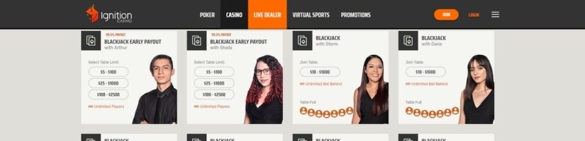 Image of the live dealer lobby at Ignition Casino