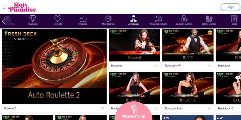 Visual image of the live dealer lobby at Slots Paradise.