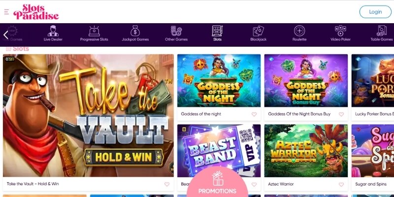 Visual of the selection of slot games at Slots Paradise.
