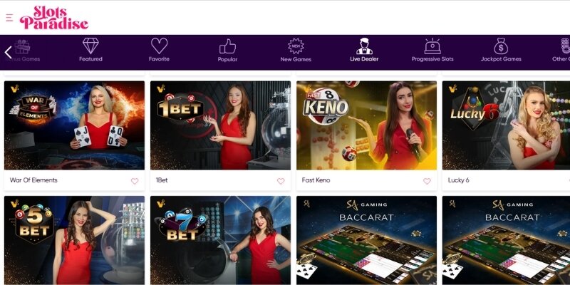 Visual image showcasing the live dealers and selection of live games at Slots Paradise.