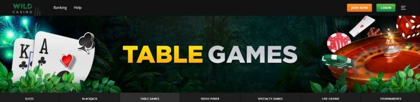 Image showcasing the table games selection available at Wild Casino.