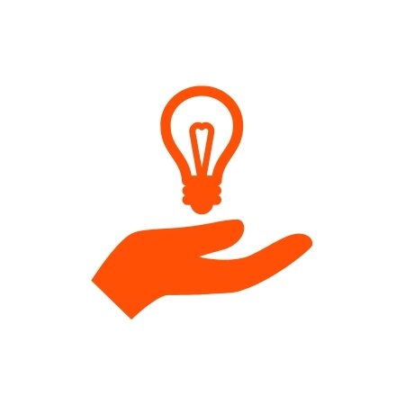 An orange icon featuring a hand and a lightbulb symbolizing a helpful tip.