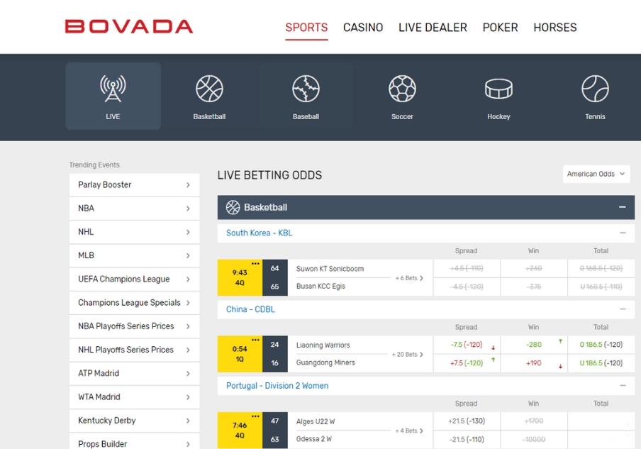 Screenshot of the Bovada live betting configuration, enabling you to engage in live prop wagers.
