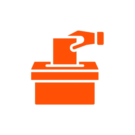 An orange politics icon featuring a ballot box.