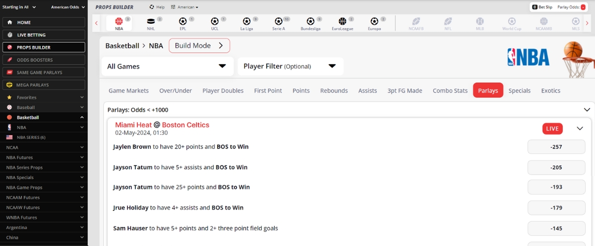 Screenshot illustrating BetOnline’s parlay builder for prop wagers.