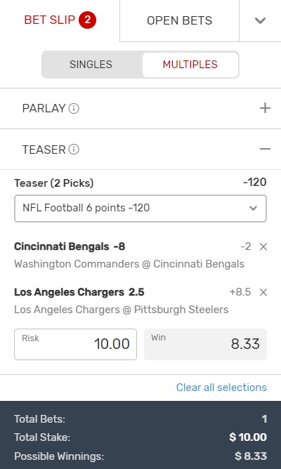 Visual representation of a two-team Wong teaser bet.