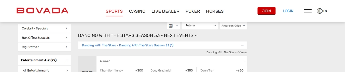 Bovada offers a variety of betting options in the entertainment segment.