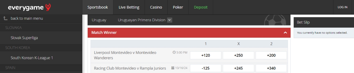 Everygame accepts wagers on the World Cup, Champions League, and Copa America. Utilize their quick search feature to find details on your preferred teams and access immediate statistics when needed. Soccer fans in the United States will appreciate the live odds for MLS matches and other exclusive prop bets.